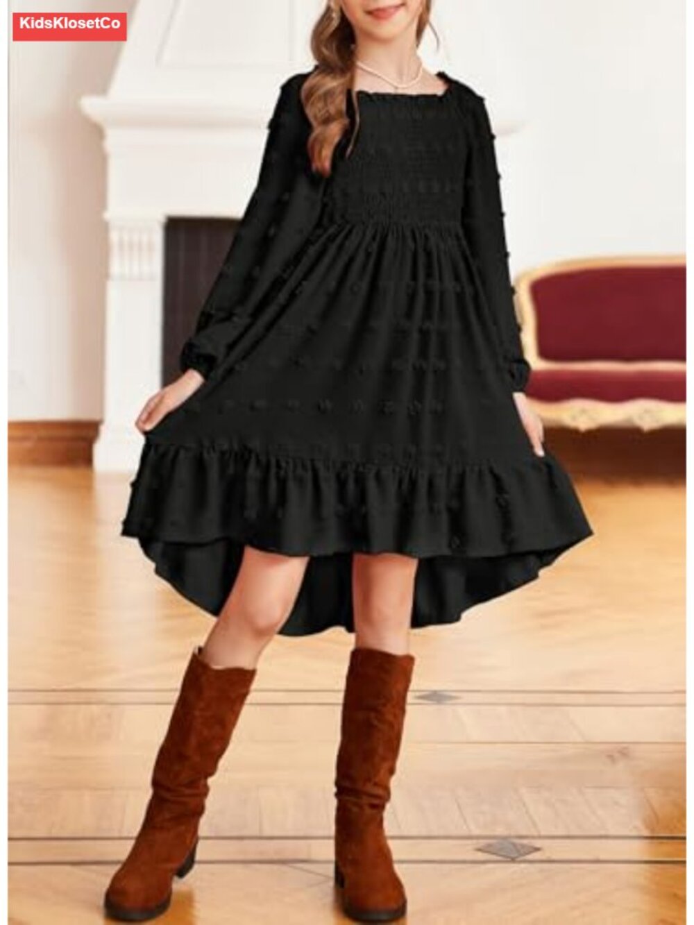 Girls Vintage Polka Dot Chiffon Dress Long Sleeve Ruffled Square Neck Tiered - Picture 3 of 6